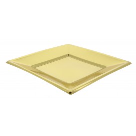 Prato Raso Quadrado de Plastico Ouro 180mm (25 Uds)