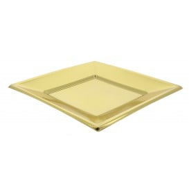 Prato Raso Quadrado de Plástico Ouro 180mm (300 Uds)