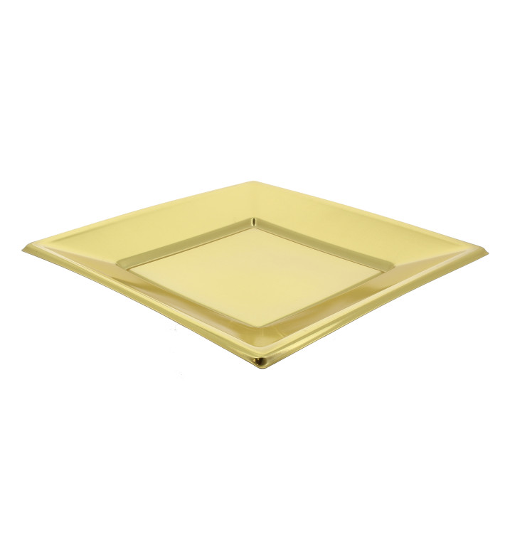 Prato Raso Quadrado de Plástico Ouro 180mm Prato Raso Quadrado de Plástico Ouro 180mm