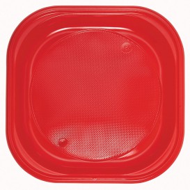 Prato Plastico PS Quadrado Raso Vermelho 200x200mm (50 Unidades)