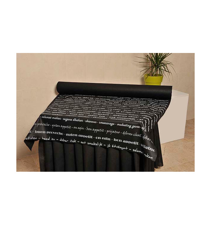 Toalha em Rolo Não Tecido Preto desenho "Bom proveito" 1,2x50m 50g (6 Uds) Toalha em Rolo Não Tecido Preto desenho "Bom proveito" 1,2x50m 50g (6 Uds)