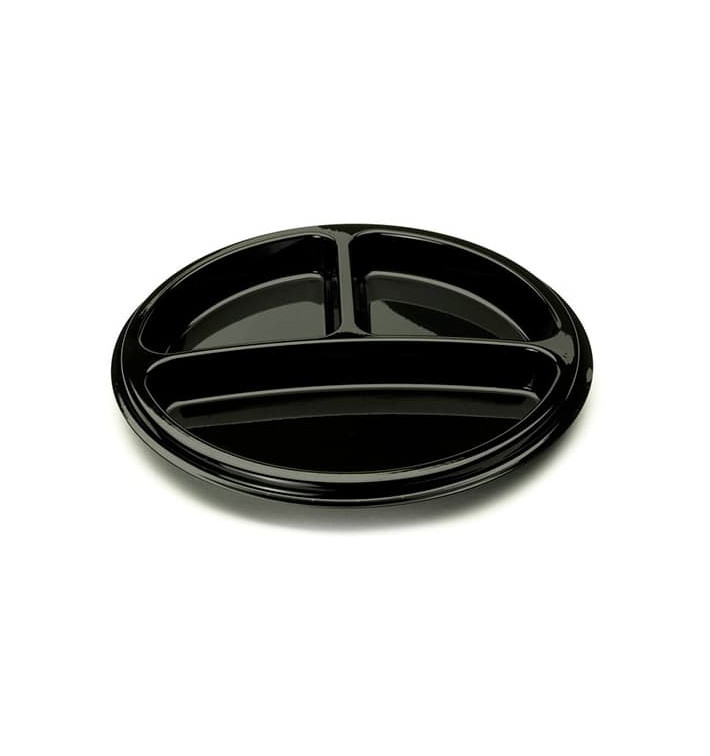 Prato Plastico Redondo 3 Compar. Preto 26cm (250 Uds) Prato Plastico Redondo 3 Compar. Preto 26cm (250 Uds)