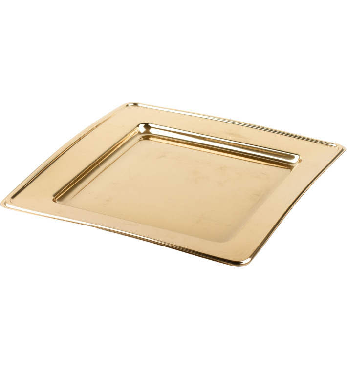 Prato Plastico PET Quadrado Ouro 30cm (120 Uds)