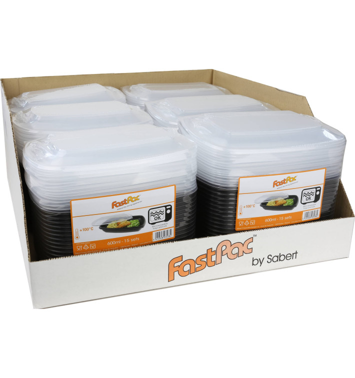 Embalagem PP Preto com tampa 600ml 230x170x60mm (90 Uds) Embalagem PP Preto com tampa 600ml 230x170x60mm (90 Uds)