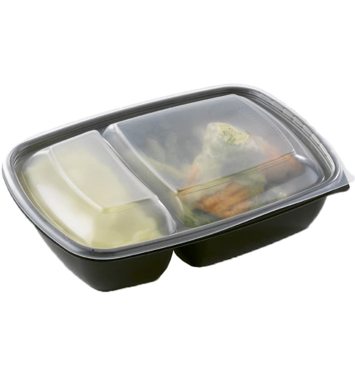 Embalagem PP Preto 2 C com tampas 900ml 230x170x70mm (15 Uds) Embalagem PP Preto 2 C com tampas 900ml 230x170x70mm (15 Uds)