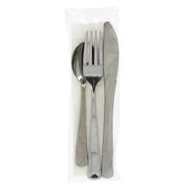 Conjunto Talheres Garfo, Faca, Colher  e Guardanapo Prata (30 Uds)