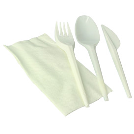 Conjunto Colher, Garfo, Faca e Guardanapos Amido Milho PLA (100 Uds)
