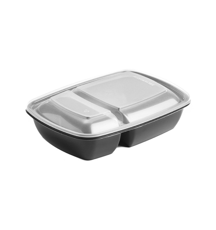 Embalagem PP Preto 2 C com tampas 1300ml 28x20cm (15 Uds) Embalagem PP Preto 2 C com tampas 1300ml 28x20cm (15 Uds)