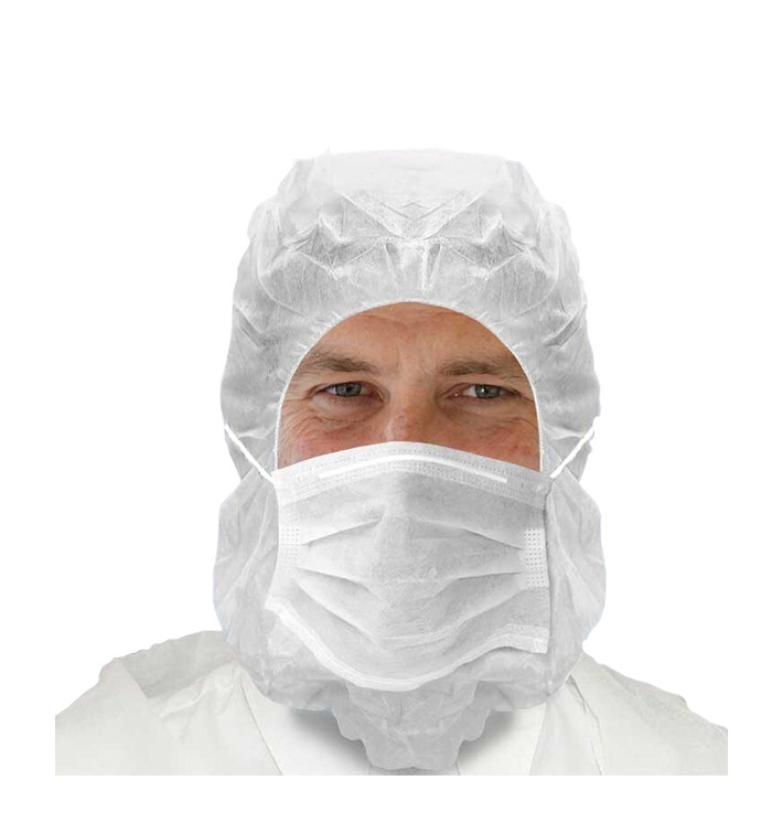 Touca Integral com Máscara 3 Capas Branco (100 Uds) Touca Integral com Máscara 3 Capas Branco (100 Uds)