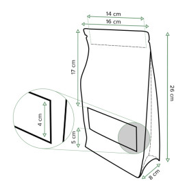 Saco StandUp Kraft Fecho Zip e Janela 16+8x26cm (50 Uds)