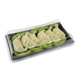 Bandeja Retang. Preto com tampa PET 12x22cm (120 Uds)