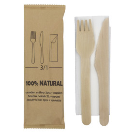 Set Talheres Madeira Garfo, Faca e Guardanapo (600 Uds)