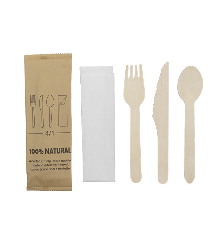 Set de Garfo, Faca, Colher e Guardanapo Madeira 20,5cm (600 Uds)