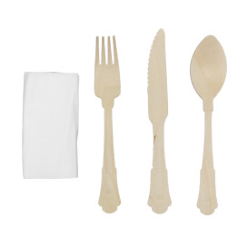 Set de Garfo, Faca, Colher e Guardanapo “Classic” Madeira 20cm (100 Uds)