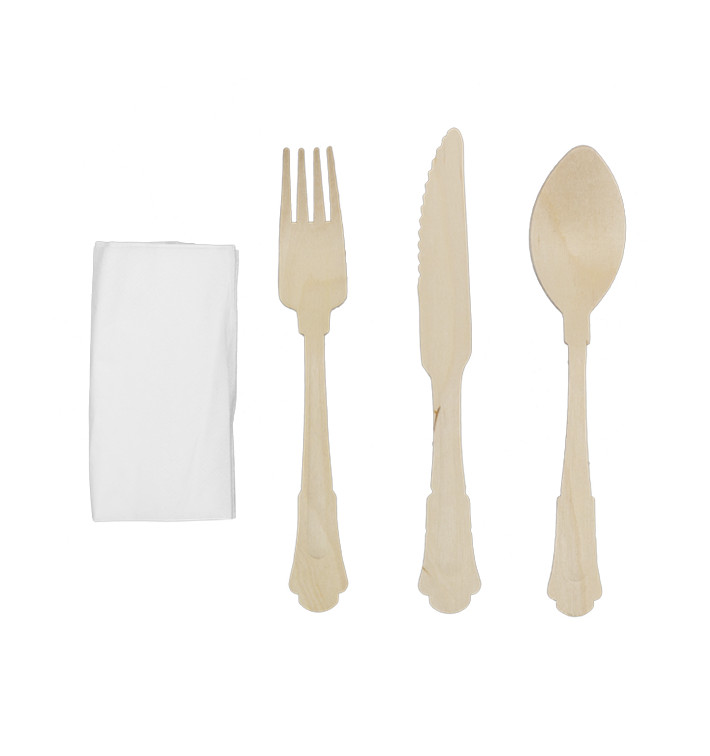 Set de Garfo, Faca, Colher e Guardanapo “Classic” Madeira 20cm (100 Uds)