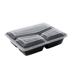 Recipiente em Plástico PP Preto Reutilizável com 3 Compartimentos e Tampa 930ml 23x18cm (50 Un)