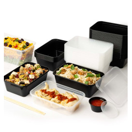 Terrina Retangular PP Preta com Tampa 1.000ml 17,3x11,9cm (50 Uds)