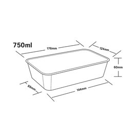 Embalagem Retangular PP Preta com Tampa 750ml 17,3x11,9cm (50 Uds)