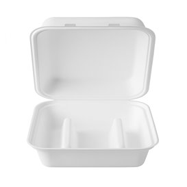 Embalagem de Tacos Tampa Incorporada em Fibra Moldada Branco 3 Compartimentos 41x48x40cm (50 Uds)
