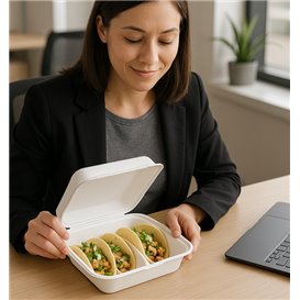 Embalagem de Tacos Tampa Incorporada em Fibra Moldada Branco 3 Compartimentos 41x48x40cm (50 Uds)