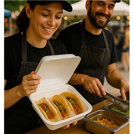 Embalagem de Tacos Tampa Incorporada em Fibra Moldada Branco 3 Compartimentos 41x48x40cm (50 Uds)