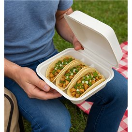 Embalagem de Tacos Tampa Incorporada em Fibra Moldada Branco 3 Compartimentos 41x48x40cm (50 Uds)
