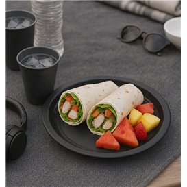 Prato Plastico PS Reutilizável Raso Preto Ø220mm (25 Uds)